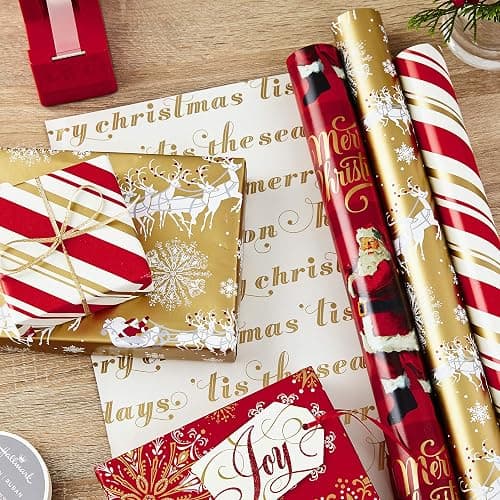 Hallmark Christmas Wrapping Paper Rolls - Traditional Holiday Gift Wrap Paper (Set of 3 Reversible Rolls: 120 sq. ft. Ttl) Red and Gold Snowflakes, Stripes, Plaid, Santa's Sleigh thumbnail 2