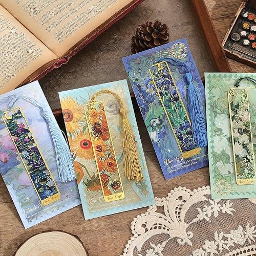 4 Pieces Metal Bookmarks with Tassel, Golden Hollow Bookmark Oil Painting Theme Book Mark Bookmarks for Book Lovers Writers Readers Children Teens Men Women Adults thumbnail 3