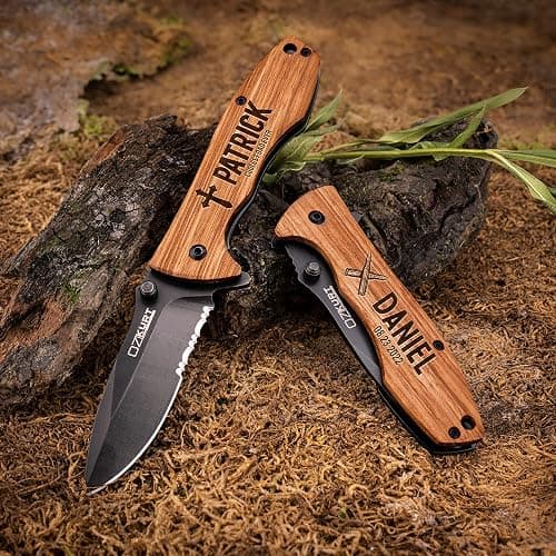 Customization Mill Gifts for Men, Personalized Engraved Oak Wood Pocket Knife - 36 Icons, 20 Stylish Font - Custom Pocket Knives thumbnail 2