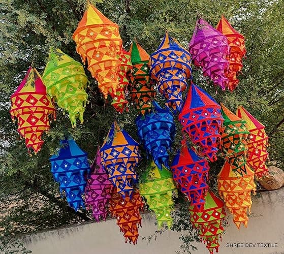 INDIANHANDICRAFTS 5 Pc Lot Indian Wedding Decor Lanterns Collapsible Lamps Colorful Hippie Bohemian Tent Hangings Garden Chandeliers Cotton Fabric Lampshades SDTH0012 Multicolor 16x16x35 inch - Image 1