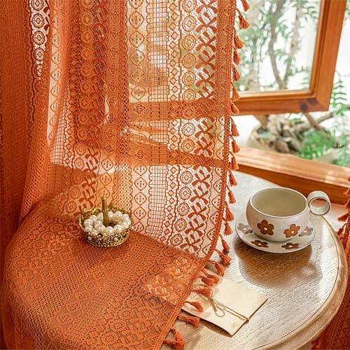 Sutuo Home Terracotta Boho Lace Curtains 2 Panels 84 Inches Long for Living Room&Bedroom, Burnt Orange Crochet Privacy Farmhouse Vintage Tassels Retro Halloween Window Sheer Curtains Rod Pocket,50" W thumbnail 6