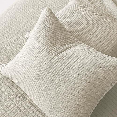 WDCOZY Beige Queen Size Quilt Set, Muslin Cotton Shell Down-Alt Poly Filling, Neutral Shabby Chic Rustic Farmhouse Country Bedspread, Textured Gauze Coverlet, Soft Lightweight Bedding, 2 Shams thumbnail 7