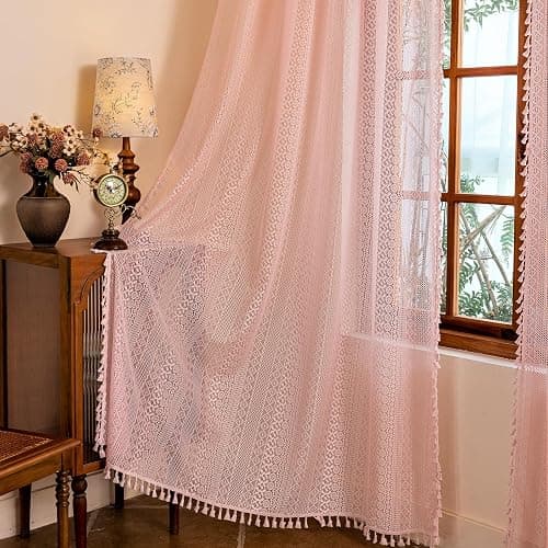 Sutuo Home Light Pink Boho Curtains 84 inches Long for Girls Bedroom Living Room,Lace Sheer Window Curtains Crochet Macrame Bohemian Valentine Farmhouse Vintage Tassels Rod Pocket,2 Panels 50" W thumbnail 8