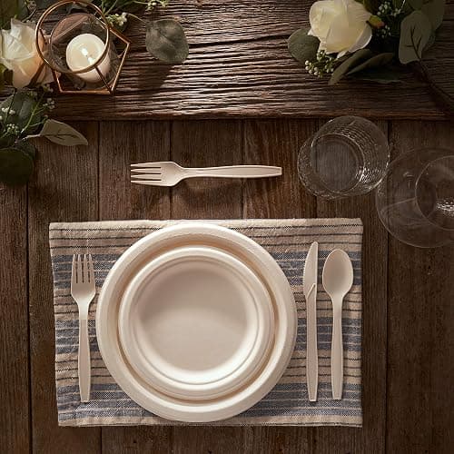 250 Piece Biodegradable Paper Plates Set (EXTRA LONG UTENSILS), Disposable Dinnerware Set, Eco Friendly Compostable Plates & Utensil include Plates, Forks, Knives and Spoons for Party thumbnail 5