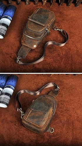 Le'aokuu Men Outdoor Casual Travel Hiking Tea Crossbody Chest Sling Bag Rig One Shoulder Strap Bag Backpack Men Leather thumbnail 4