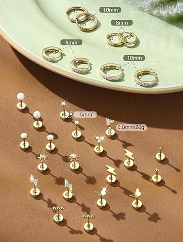 FIASASO Flat Back Gold Earrings for Women Trendy Hypoallergenic Surgical Steel Earrings for Sensitive Ears-20G Cartilage Earring Stacks 14K Gold Plated Small Flatback Stud Hoops Cartilage Earring Set thumbnail 3