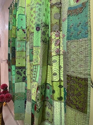 Sambhav Quilt Hub 2 Pcs Indian Vintage Old Patchwork Fabric Made Theme Patchwork color Handmade Curtain Door Bohemian Window Decor Curtain Home Door Window Curtain Set (Green) - Green thumbnail 4