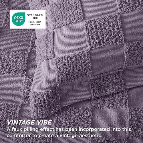 Bedsure Queen Size Comforter Set Grayish Purple, Boho Tufted Bed Set, Checkered Farmhouse-Style Distressed Vintage Bedding, 3 Pieces, 1 Plaid Geometric Comforter and 2 Pillow Shams thumbnail 5