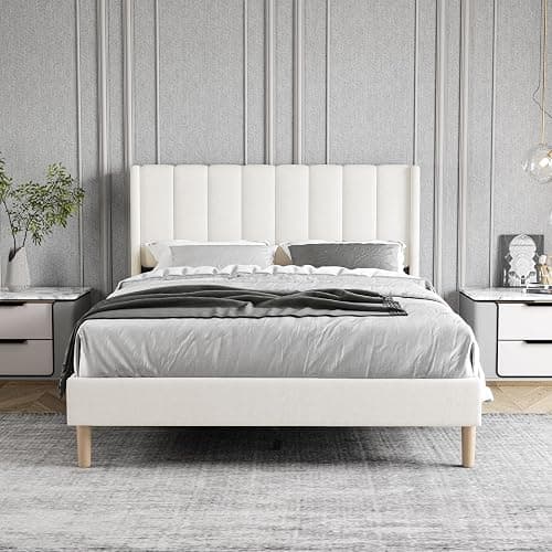 Zoophyter Upholstered Platform Bed Frame Full Size with Headboard,Strong Wooden Slats Support No Box Spring Needed Easy Assembly Beige Velvet thumbnail 3