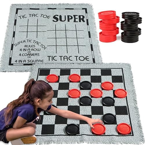 3-in-1 Vintage Giant Checkers, Tic, Tac, Toe, with Reversible Mat, 24 Chips, Family Board Game, Lawn Game, BBQ Party Favor, Indoor and Outdoor Activity for Kids and Adults - Image 1