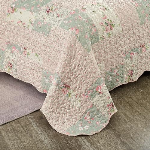 Brilliant Sunshine Rose and Sage Quilt Set, 3-Piece Bedding Sets, Traditional Patchwork Design, Washable and Reversible Bedspread, Soft Lightweight Coverlet, All-Season, Full/Queen, Light Pink Green thumbnail 6