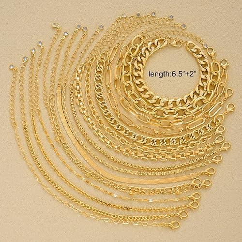 16 PCS Gold Bracelets for Women, Dainty Bracelets Set for Women Trendy, Gold Stackable Cuban Link Paperclip Chain Bracelet Pack Jewelry Gifts for Women thumbnail 6