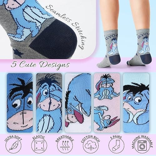 Disney Stitch Socks Pack of 5 Soft Cotton Cute Crew Socks for Teens Women Princess Minnie Baby Yoda Fun Designs Gifts for Her thumbnail 2