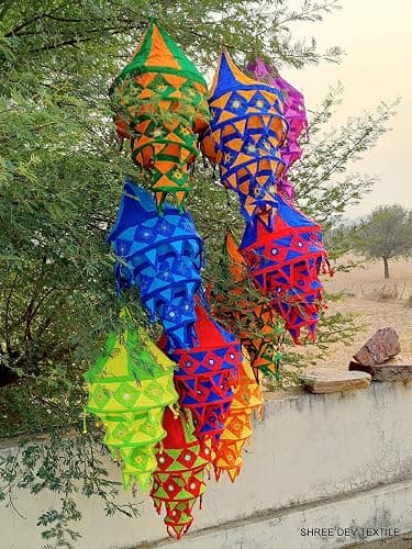 INDIANHANDICRAFTS 5 Pc Lot Indian Wedding Decor Lanterns Collapsible Lamps Colorful Hippie Bohemian Tent Hangings Garden Chandeliers Cotton Fabric Lampshades SDTH0012 Multicolor 16x16x35 inch thumbnail 3