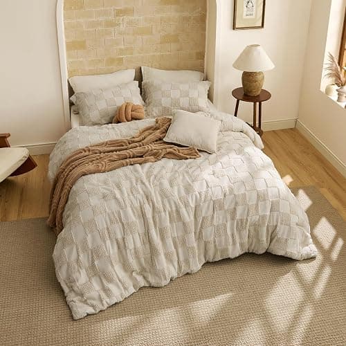 Bedsure Queen Size Comforter Set Beige, Boho Tufted Bed Set, Checkered Farmhouse Shabby Chic Bedding, 3 Pieces, 1 Plaid Geometric Comforter and 2 Pillow Shams thumbnail 6