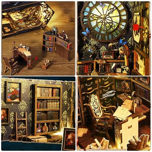 ISSEVE DIY Book Nook Kit, 3D Wooden Puzzle DIY Miniature House Kit for Booknook Shelf Insert Decoration, Magic Book House Stand Bookshelf Dollhouse for Adults with Sensor Light (Detective Agency) thumbnail 5