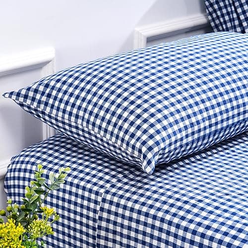 Cotton Queen Sheet Set 4 Piece Gingham Bed Sets, Soft, Smooth, Durable, Easy Care, 16" Deep Pocket Checkered Queen Sheets - 1 Flat, 1 Fitted, 2 Pillowcases Blue Color - Checkered Blue - Queen thumbnail 2