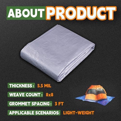 RAINDEWAY Tarps 8x10 Feet, 5.5 Mil - Multipurpose Waterproof Poly Tarp Cover with Metal Grommets and Reinforced Edges, Silver/Blue Tarp thumbnail 7