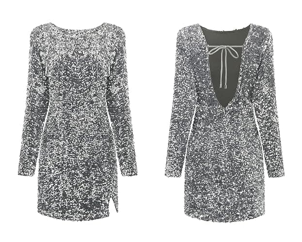 R.Vivimos Women's Sequin Bodycon Dress Fall Winter Velvet Warm Long Sleeve Crew Neck Sexy Backless Glitter Slit Mini Dress thumbnail 6