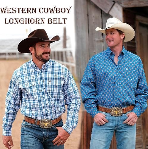 Eohak Mens-Western-Cowboy-Belt - Longhorn-Bull-Pattern-Buckle-Belt Floral-Engraved-Buckle-Belt Fit 25" to 38" Waist thumbnail 2