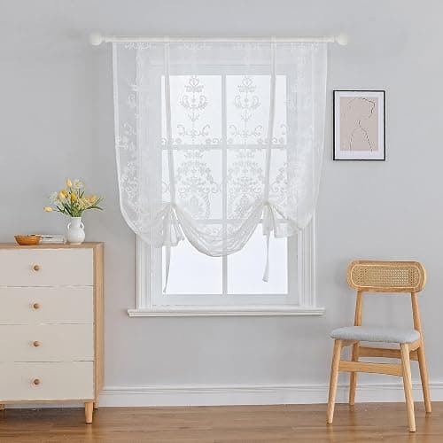 HomeyHo Sheer Tie Up Curtains for Bathroom Girls Bedroom Flower Embroidered Liftable Curtain Kitchen White Lace Short Balloon Curtains for Small Window 31 x 47 Inch thumbnail 4
