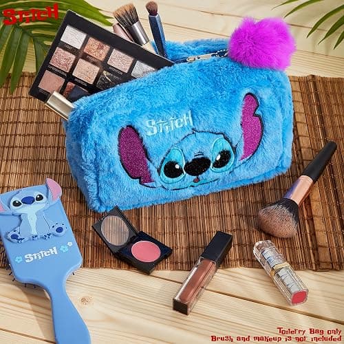 Disney Fluffy Stitch Makeup Bag for Girls, Teens, Cute Travel Toiletry Bag for Beauty Accessories, Zipped Make Up Cosmetics Storage, Gifts for Women (Blue Plush) thumbnail 2