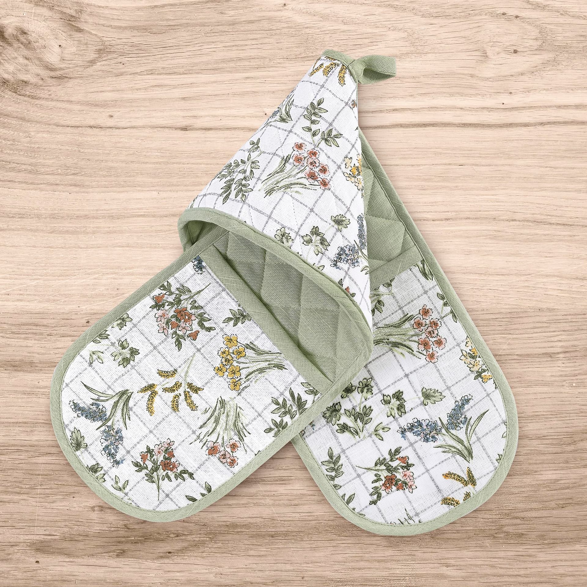No. 918 Rhoda French Countryside Quilted Floral Print Double Oven Mitt, Sage Green - Image 1