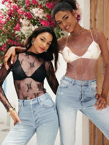 MEROKEETY Womens 2025 Lace Mesh Sheer Long Sleeve Top Sexy Y2k Mock Neck See Through Shirt Blouses thumbnail 4