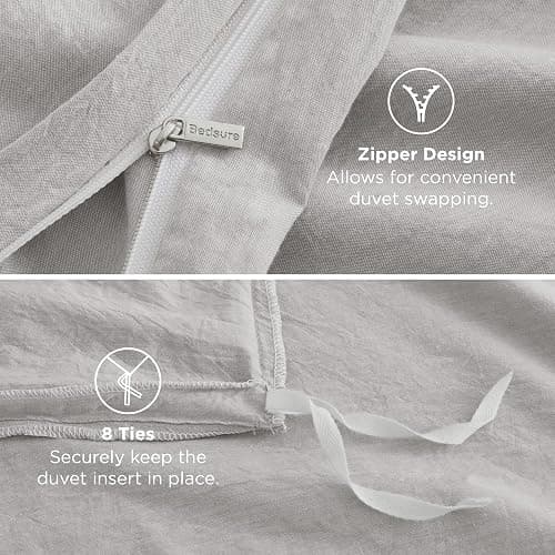 Bedsure 100% Washed Cotton Duvet Cover Queen Size - Light Grey Minimalist Cotton Duvet Cover Linen Like for All Seasons - GentleSoft™ Plain Simple Bedding (Queen, 90"x90") thumbnail 7