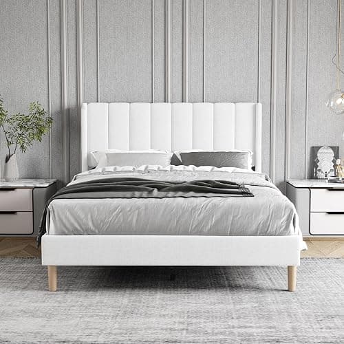 Zoophyter Full Size Bed Frame with Linen Upholstered Headboard, White | Linen Platform Bed, Heavy Duty Wooden Slats Support, 7.48" Under-Bed Storage, No Box Spring Needed, Easy Assembly thumbnail 3