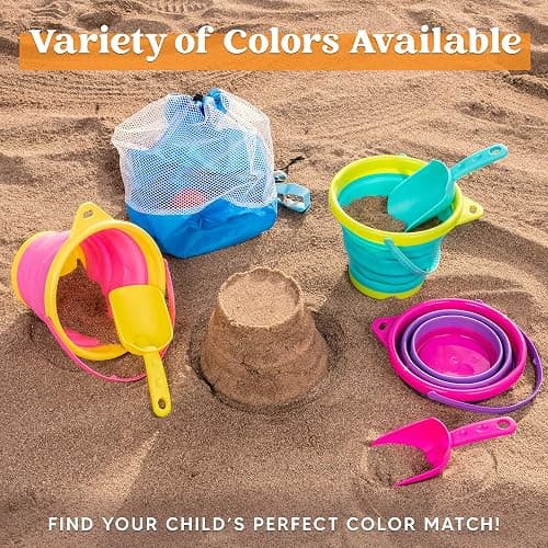 JOYIN Foldable Beach Bucket Set - 3 Packs Collapsible Toy Buckets with Shovels and Mesh Backpack for Kids Toddlers Party, Camping Gear, Travelling, Fishing Water Pail (Pink/Purple/Green) thumbnail 4