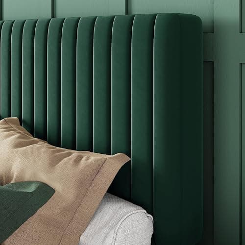 Allewie Queen Bed Frame, Velvet Upholstered Platform Bed with Adjustable Vertical Channel Tufted Headboard, Mattress Foundation with Strong Wooden Slats, Box Spring Optional, Easy Assembly, Green thumbnail 4