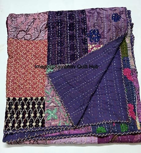 Multicolor Patchwork Quilt Vintage Indian Reversible Quilted Throw Blanket Super Soft and Warm Living Room Decorative for Sofa and Couch 60X67 inches (Purple) thumbnail 4