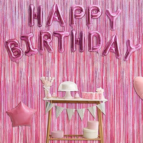 2 Pack Glitter Pink Backdrop, 3.28 FT x 7.05 FT Birthday Party Decorations, Laser Pink Fringe Curtains Foil Streamer Tinsel, Pink Curtains Photo Backdrop Happy Birthday Backdrop thumbnail 7