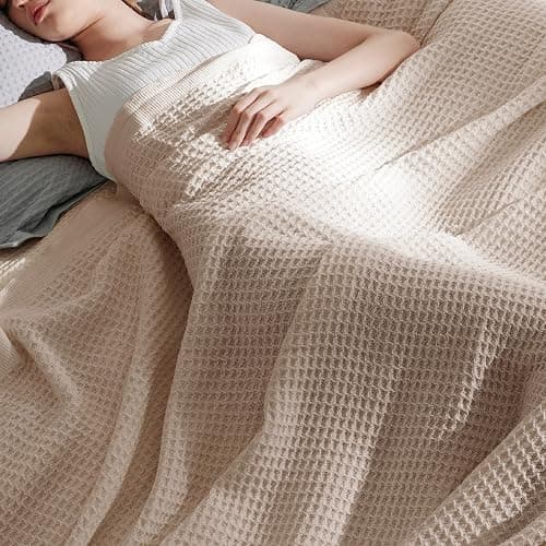 Bedsure 100% Cotton Big Oversized King Blanket, Waffle Weave, Beige | Breathable, Soft, Cozy, Thick, Waffle Texture, Fall, Summer Blanket for Bed, Gifts for Women, Machine Washable, 120"X94" thumbnail 7