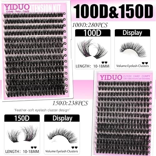 YIDUO 4 Styles Lash Clusters Kit 60D+80D+100D+150D Volume Clusters Lashes Extensions Kit with 2 X Bond and Seal 10-18mm Wispy D Curvature Full Individual Eyelash Extensions Kit DIY at Home Easily thumbnail 6