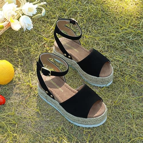 PANDANINJIA Girls Sandals Wedge Platform Espadrille Open Toe Summer Little Big Kid Flower Girl Heels Dress Shoes thumbnail 3