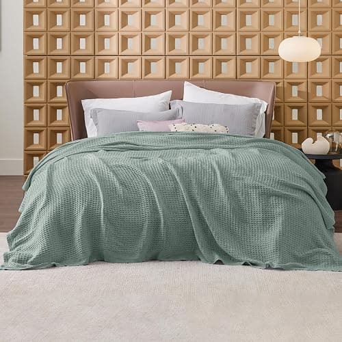 Bedsure Gentlesoft 100% Cotton Blanket Queen Size for Bed - Breathable and Soft, Thick Cozy Waffle Weave Christmas Blanket Gift for Women, Sage Green, 90x90 Inches thumbnail 2