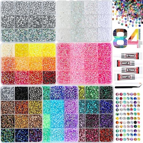 LERBOU 63000Pcs Bedazzling Kit with 7 Box – 59 Colors Rhinestones, 3mm Flatback Sparkling Gems with 4×10ml B7000 Jewelry Glue, Tweezers & Pickup Pen for Nail Art, Crafts, Clothing, Diamond Painting - Image 1