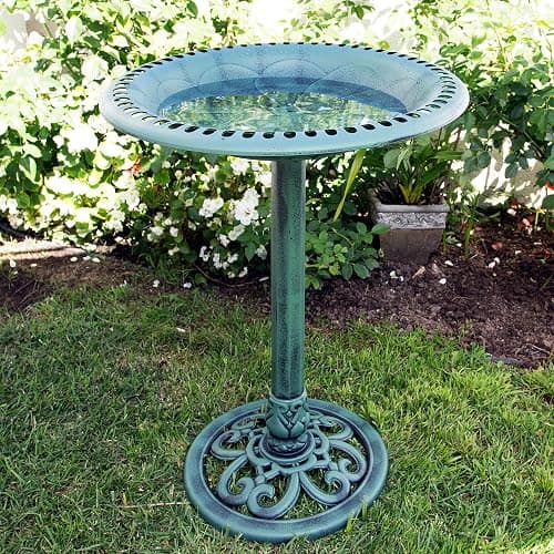 Alpine Corporation TEC116 Outdoor Aged Green Pedestal Birdbath with Scrollwork, 28" Tall, Green thumbnail 2
