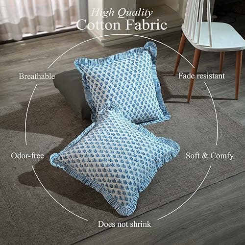 CPC Apatite Blue 100% Cotton Block Print Ruffle Pillow Cover 16X16 inch, Handmade Boho Floral Pillowcase, Farmhouse Cottagecore Bedding, Soft Decorative Cushion Cover for Bedroom Décor thumbnail 3