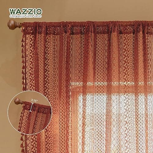 WAZZIO Burnt Orange Curtains Sheer 45 Inch Length Bedroom Short Small Cafe Rod Pocket Vintage Fall Privacy Let Light in Cotton Lace Boho 2 Panel, Terracotta thumbnail 3