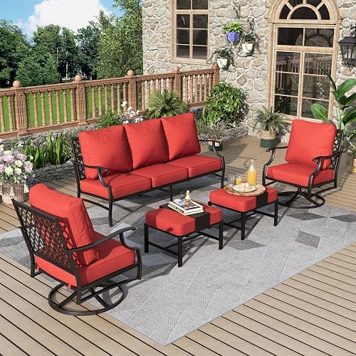 MIXPATIO Patio Furniture Set 5 pcs, Outdoor Patio Furniture, 3-Seat Sofa, 2 Swivel Chairs, 2 Ottomans and 5.75" Extra Thick Cushion, Patio Conversation Set for Garden Backyard Deck,Red - Image 1