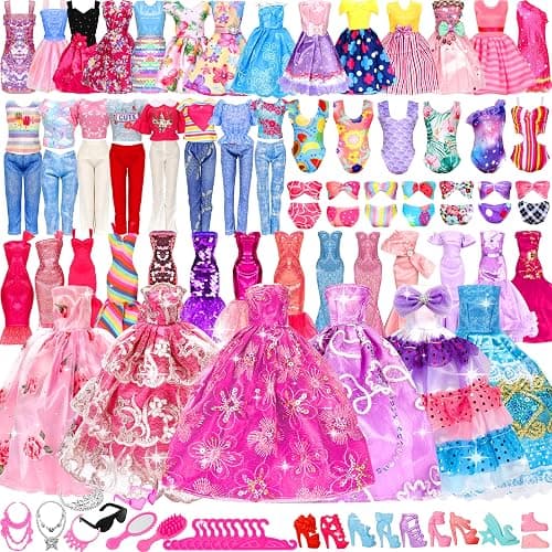 71 Pcs Doll Clothes and Accessories, 5 Wedding Gowns 9 Fashion Dresses 3 Tops 3 Pants 3 Bikini Swimsuits 20 Shoes for 11.5 inch Doll Christmas Stocking Stuffers Girls Gift Age 5-7 8-10 - Image 1