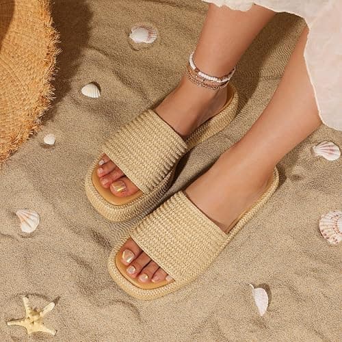 Erocalli Platform Sandals Women Cute Wedge Espadrilles Slip on Summer Beach Raffia Vacation Sandal Comfortable Open Toe Dressy Shoes thumbnail 4