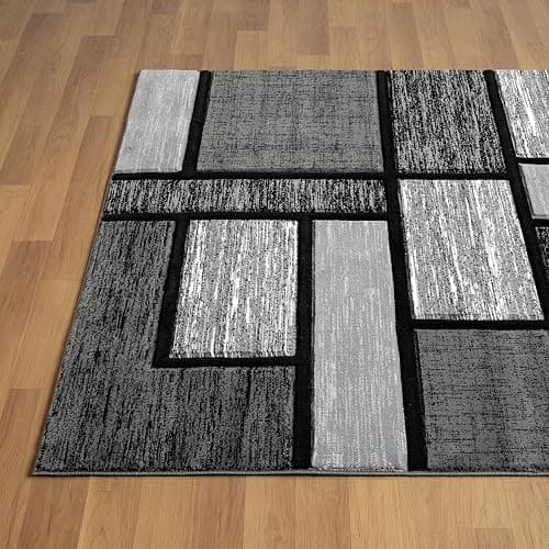 HADBA Modern 5x7 Grey-Black Square Geometric Living Room Rug - Area Rugs for Living Room Dining & Bedroom - Hand Carved Runner Carpet - Durable Polyester - Non-Fade Stain-Resistant - Turkish Made thumbnail 9