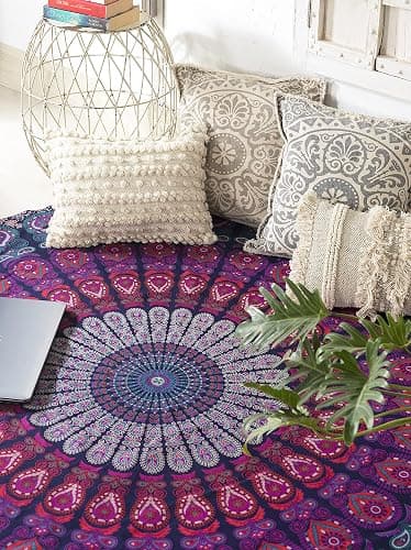 Popular Handicrafts Round Tapestry with Tassel Wall Hanging Ombre Hippie Mandala Bohemian Hippy Intricate Indian Tapestries Tablecloth 70 Inches,(178cm) Blue Multi thumbnail 2