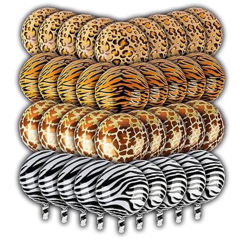 36 Pieces Jungle Balloons by Lunaborne - 18-inch Aluminum Foil Balloons - Leopard Tiger Zebra Giraffe Print Pattern Helium Party Balloons, Jungle Wildlife Zoo Theme Birthday Party Decorations - Image 1