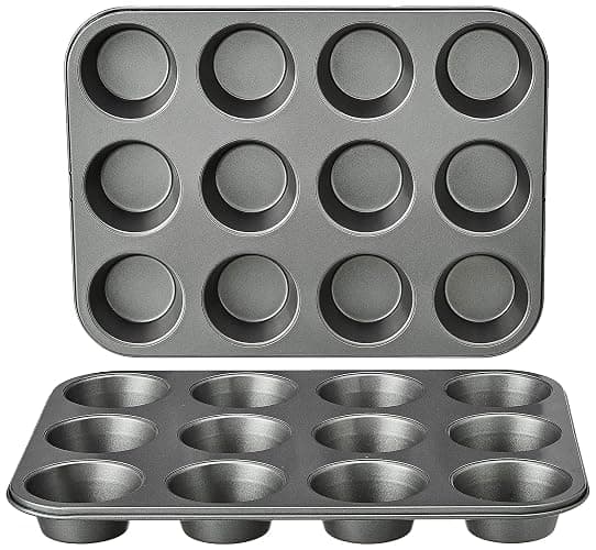 Amazon Basics Nonstick Round Muffin Baking Pan, 12 Cups, Set of 2, Gray, 13.9x10.55x1.22" - Image 1