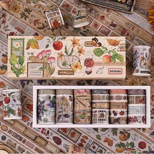 20 Rolls Vintage Washi Tape Set, Floral Letter Butterfly Mushroom Botanical Flower Writable Decorative Tapes for Scrapbooking , Junk Journal Supplies, Bullet Journaling 10-60mm Wide 6.56ft long/Roll thumbnail 5